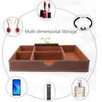 Jewelry Trays Nightstand Organizer, Valet Tray for Men and Women, Tray Organizer,Can hold Mobile phones, watches, cosmetics, keys. Dark Brown Faux Leather, 5 CompartmentCompartment - color: brown