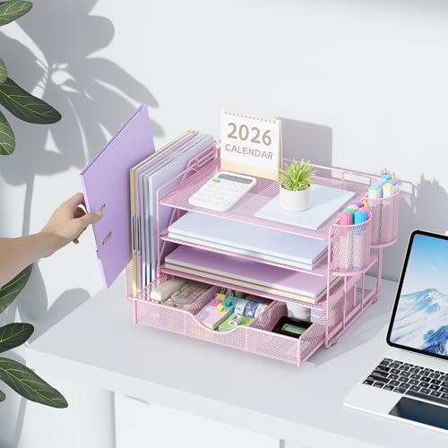gianotter Desk Organizers and Accessories with File Holder, 4-Tier Desk Accessories & Workspace Organizers with Drawer and 2 Pen Holder, Paper Organizer for Office Supplies (Pink) - color: Pink