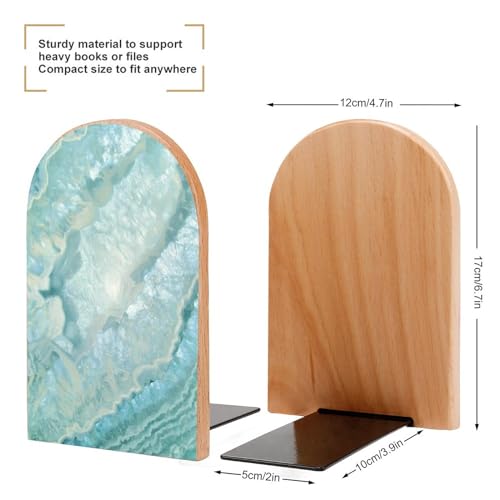 Wooden Bookends 2 Pcs,Pastel and Teal Agate Heavy Duty Office Book Ends Anti Slip Book Shelf Holder with Metal Base Decorative Book Stands - color: Pastel and Teal Agate