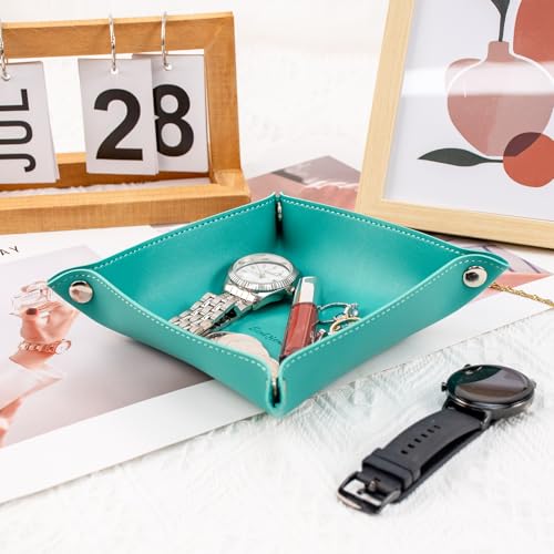 SANQIANWAN PU Leather Arc Edge Jewelry Valet Tray for Man and Women, Portable Mini Entryway Table Tray Bedside Nightstand Desk Tray Small Travel Dish Plate for Key,Wallet,Watch,Coin (WaterGreen) - color: Watergreen