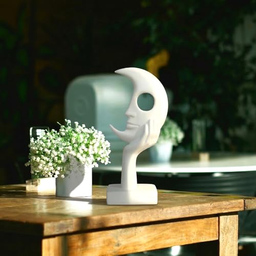 White Abstract Face Sculpture, Modern Art Decor, Hand on Chin Design, Tabletop Statue with Base - color: White, size: Small