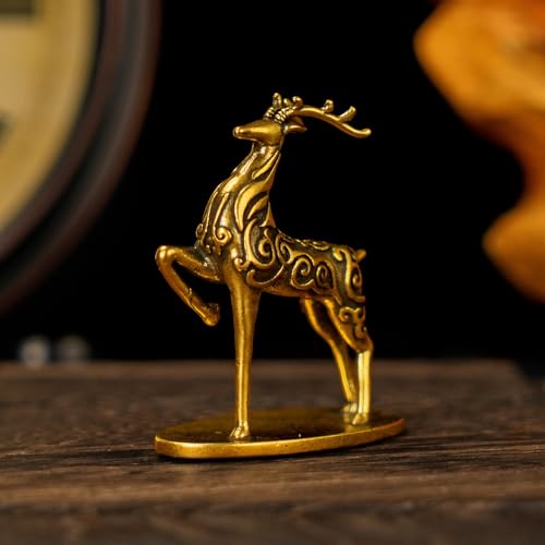 Solid Brass Deer Figurine with Auspicious Cloud Patterns, Retro Desktop Decor, Collectible Figurines, Handcrafted Art Deco Sculpture for Office Desk, Home Decor, Lucky Symbol Ornament - style: Lucky Cloud Deer