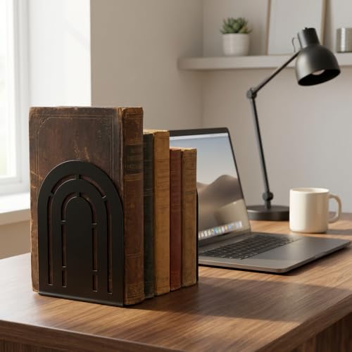 Book Ends to Hold Books, Metal Bookend, Symmetrical Arch Bookends for Heavy Books, Black Rust-Proof Bookends for Bookshelf & Desk, Non-Skid Decorative Book Stopper for Home Office Decor (1 Pair) - color: Type-1