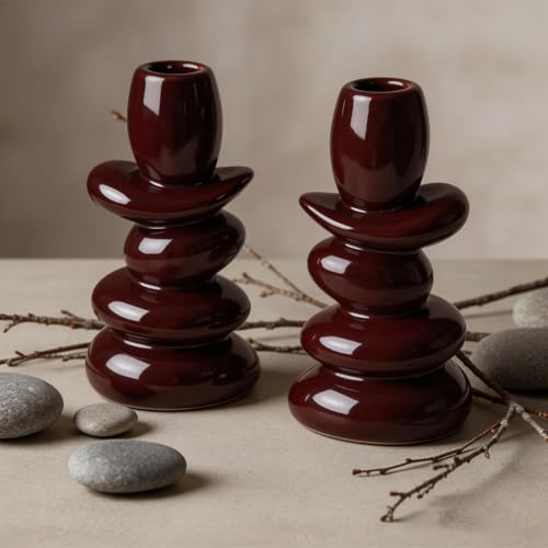 Faux Pebble Taper Candle Holders Set of 2, Modern Candlestick Holders for Table Centerpieces,Shelf Decor,Housewarming Gift, Fits 0.87'' Candles, Coffee Brown