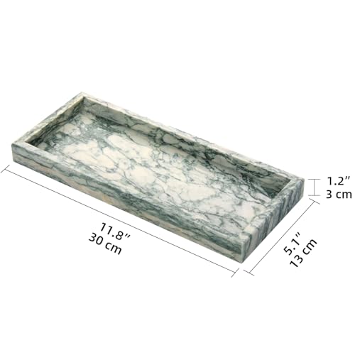 Marble Bathroom Vanity Tray, Natural Luxury Vanity Home Kitchen Bathroom Table Tray, Stone Decorative Countertop Dresser Trays for Key Coffee Perfume Jewelry Makeup (Green Texture, 12"x 5" x1.2") - color: Green Texture, size: 12" x 5" x 1.2"