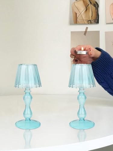 Gurfuy Desk Lamp Shaped Glass Candle Holder - Glass Hurricane Candleholder Crystal Decorative Candle Stand for Table Wedding Dinning Centerpieces Party Supplies Festival Decor Blue - color: Blue