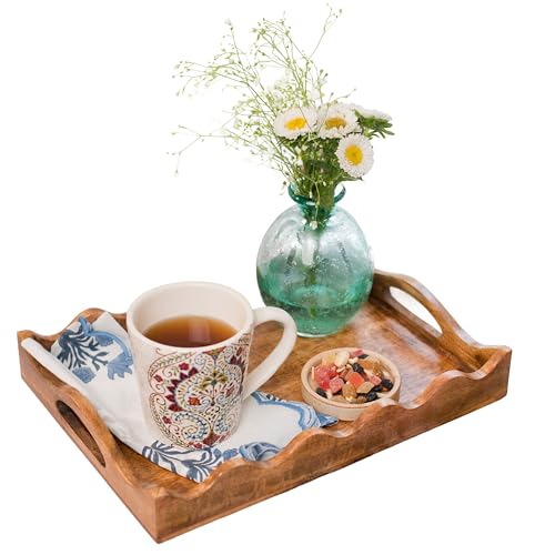 Mela Artisans Ottoman Wooden Serving Tray | Large, Scallop | Decorative Mango Wood | Serve Breakfast, Other Foods, Coffee and Tea | Rustic Home Decor | 16" x 12” x 2.5”