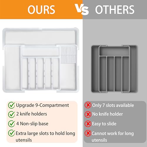 Homecor Silverware Organizer for Kitchen Drawer, Expandable Utensil Drawer Organizer with 2 Knife Block, Flatware and Cutlery Holder, Adjustable Plastic Storage for Spoons Forks Knives - color: White