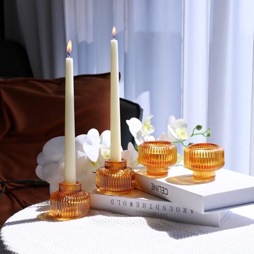 Woho Candlestick Holders Set of 4, Amber Votive Candle Holders for Fall Wedding Table Centerpiece, Ribbed Glass Taper Candle Holders for Dinner Party Halloween Thanksgiving Decor - color: Amber