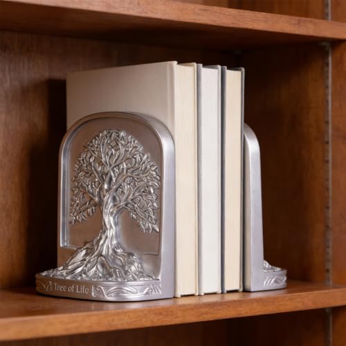 Tree of Life Bookends Silver, Antique Style Resin Book Ends for Shelves, Heavy Duty Decorative Bookends for Large Books, Sturdy Non Slip Bookends Set of 2, Vintage Rustic Shelf Decor - color: Sliver
