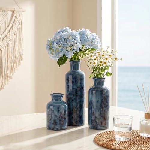 Vintage Ceramic Flower Vase Set of 3, Rustic Farmhouse Vase for Home Decor, Distressed Decorative Vase for Table Entryway Mantel Centerpiece Living Room Bathroom Bedroom (Cobalt Blue) - color: 106-cobalt Blue