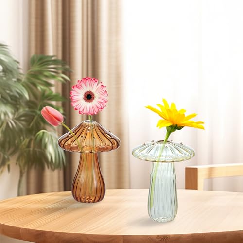 Glass Mushroom Vase, Mini Mushroom Vase, Flower vase, Creative Mushroom Glass Vase Plant Hydroponic Art Plant Table Vase (4 Color)