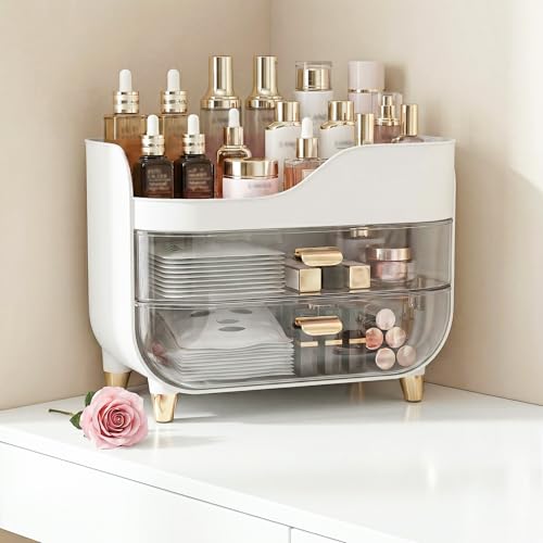 Makeup Organizer for Vanity with Large Smooth Drawers Extra Large Skincare Organizer for Bathroom Countertop and Dresser, Crystal Clear Cosmetic Storage Display Case for Beauty Products - color: White