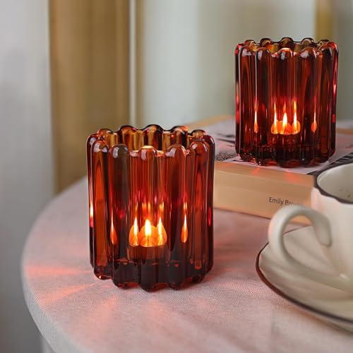 HAVITI 6 Pcs Votive Candle Holder, Amber Glass Vintage Candle Holders, Tealight Candle Holder for Boho Fall Wedding Centerpieces Dinner Party Table Decor - color: Amber
