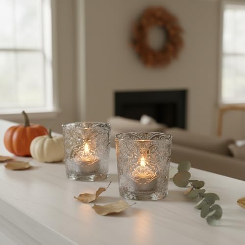12 Pack Mandala Embossed Glass Candle Holders – Votive Tealight Holders with Patent Design, Decorative Embossed Glass Cups for Wedding Centerpieces, Parties, and Home Décor (Crystal Clear) - color: Crystal Clear