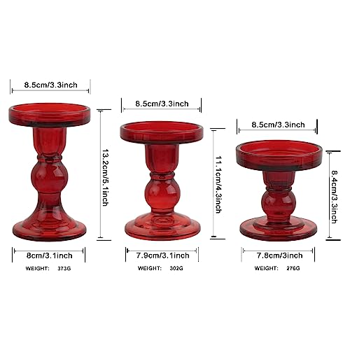 3-Piece Set of Red Glass Candlestick, Crystal Candlestick Holder Holder and Conical Candle, Christmas Candle Holder Decoration, Family Living Room Wedding Candle Holder (red1set) - color: Red