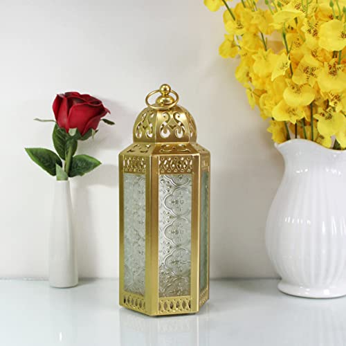 CVHOMEDECO. Decorative Candle Lantern Moroccan Lanterns Vintage Golden Metal Lantern Holder for Home Patio Outdoor Decor. Clear Glass, Medium - color: Clear G