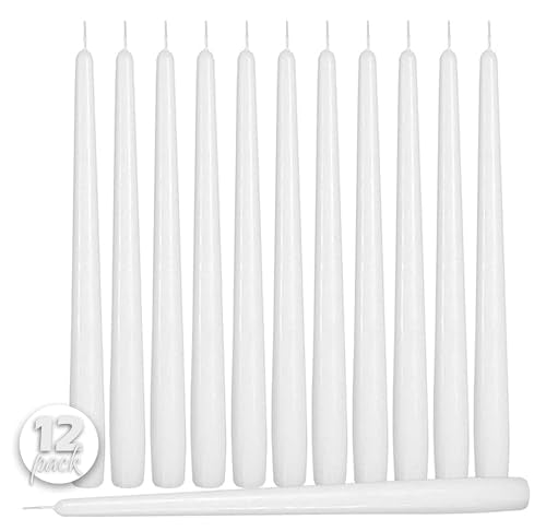 12 Pack Tall Taper Candles - 12 Inch White Dripless, Unscented Dinner Candle - Paraffin Wax with Cotton Wicks - 10 Hour Burn Time - size: 12 inch
