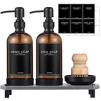 Kitchen Soap Dispenser Set with Instant Dry Tray,16 Oz Hand and Dish Soap Amber Glass Dispenser Set,Stainless Steel Pump,Waterproof Labels&Dish Brush,Luxury Soap Bottle for Kitchen,Bathroom - color: Amber Bottle+black Pump