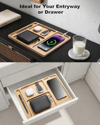 Valet Tray, Built-in Wireless Charger, Nightstand Organizer, Bamboo Desk Bedside Caddy Organizer Tray for Men, EDC Catchall Trays for Keys, Watch, Phone, Jewelry