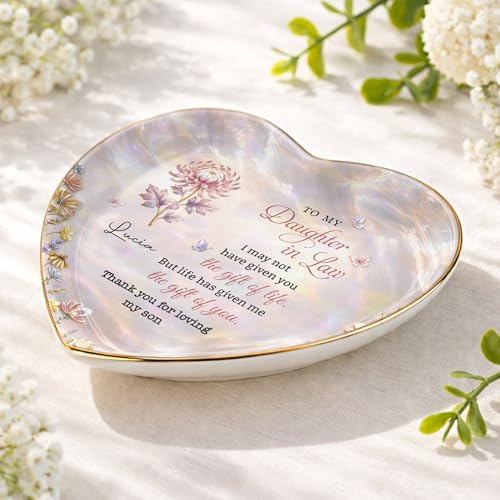 Personalized Daughter in Law Gifts Heart Shaped Jewelry Dish, Sentimental Gift from Mother-in-law, Custom Birth Flower, Birthday Gift for Daughter in Law Appreciation Present - color: Daughter In Law 132