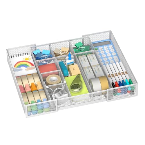 Expandable Desk Drawer Organizer Tray with 10 Adjustable Compartments, Metal Mesh Office Drawer Organizer, Versatile Desk Organizer for Home, School Supplies, Makeup Vanity & Jewelry (White) - color: White