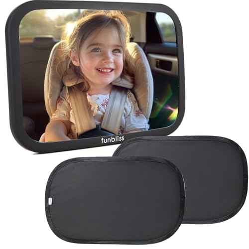 Funbliss Bar Mirror for Baby + 2 Pack Car Window Shades Bundle (19″ × 12″), UPF 50+ Window Shade for Baby in Car, 360° Rotation Fully-Adjustable Straps - color: Mirror + sunshade