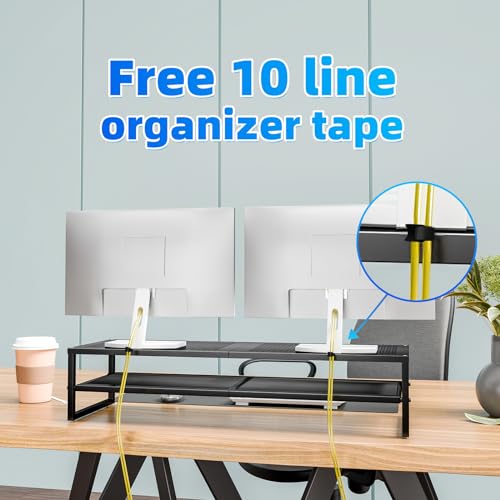 Simple Trending 2 Tier Metal Dual Monitor Stand Riser with 32"x10" Mouse Pad, Computer Desk Organizer for 2 Monitors, Laptop, Printer, TV, Black - color: Black, size: 32"L x 10"W x 7"H