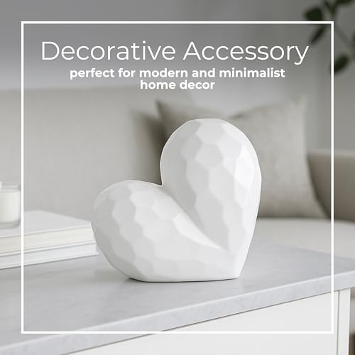 Decorative Ceramic Heart Sculpture for Home Decor - Ornament for Bathroom, Office, and Living Room Decor - Modern Figurine Accent for Bedroom, Shelf Display, and Coffee Table - 8", White - color: White, size: 8x3x8