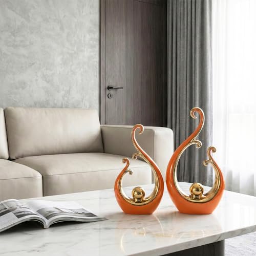 LCCCK Glossy Orange and Gold Decor Ceramic Statue, Modern Abstract Sculpture Art for Luxury Centerpiece - Shelves Bookshelf&Dining Table Decorations, Entryway Coffee Table Tv Stand Home Decor - color: Orange Gold