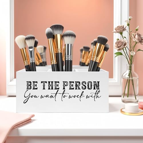 Be the Person You Want to Work with Pencil Pen Holder for Desk, Motivational Wooden Pencil Holder Organizer for Home Office Desk Accessories, Encouragement Gifts for Women Men - color: Color-Desk accessories white 03