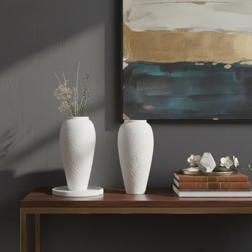Vintage Ceramic Vase, Minimalist Texture Stone Patterned White Flower Vase, Decorative Vase for Living Room Shelf Farmhouse Dining Table Centerpiece Decor (White Texture 12.6'') - size: White Texture 12.6''