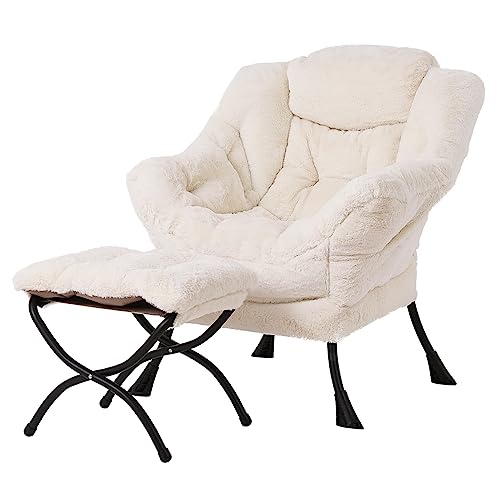 Tiita Lazy Chair with Ottoman, Beige Modern Large Accent Chair, Comfy Leisure Sofa Armchair with Ottoman, Reading Chair with Footrest for Bedroom, Living Room, Dorm Rooms, Plush Beige - color: Plush-beige
