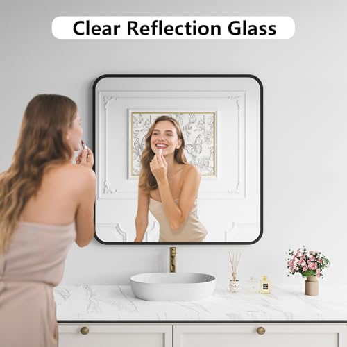 Koonmi Bathroom Mirror, 36X36 Brushed Black Metal Framed Wall-Mounted Mirror for Over Sink, HD Tempered Glass, Anti-Rust, Rounded Rectangle Mirror for Restroom, Bedroom, Hangs Horizontal or Vertical - color: Rounded Edged, size: 36"L x 36"W