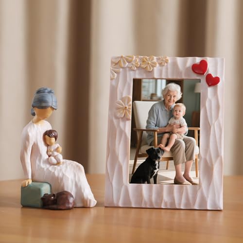 NAN ZAI NAN FANG Grandma Birthday Gifts Thoughtful Valentine Christmas for Grandma 5.9" Resin Sculpture Hand-Painted Grandmother Gifts from Grandkids Statues for Home Decor(Frame for Free) - style: Grandma and Child Set