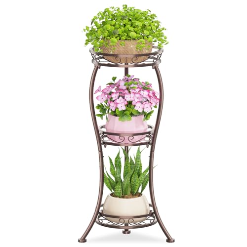 KMOTASUO 3 Tier Tall Plant Stand Indoor Outdoor for Large Planter, Multiple Level Flower Holder Organizer Rack for Patio Office Bathroom Corner, Sturdy Heavy Duty Metal, Vertical Display, Bronze - color: Classic Bronze, size: 3 Tier