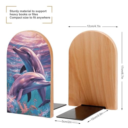 Dolphins Art Bookends for Shelves, Heavy Duty Wood Book Ends Decorative Book Holder for Bookshelf, Rustic Office Classroom Library Home Decor, 1 Pair (4.7x6.7 Inch)