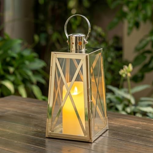 TRIROCKS Stainless Steel Decorative Lantern 12''H Metal Outdoor Candle Holder Hanging Candle Lantern with Tempered Glass for Christmas Home Wedding Living Room Parties Indoor Outdoor(Gold Trapezoid) - color: Gold