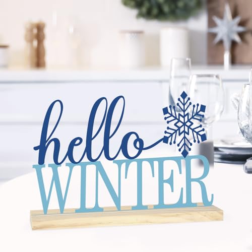 COCHIE Metal Hello Winter Sign, Snowflake Table Centerpieces Decorations for Home, Office, Shelf, Mantel, Indoor, Navy Blue Party Decor Supplies (Winter) - style: Winter
