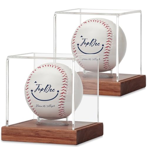 JupDec Baseball Display Case, Clear Cube Baseball Holder with Wooden Base, Autograph Baseball Stand Box for Single Ball, Acacia Wood, Brown, 2 Pack - size: 2 Pack