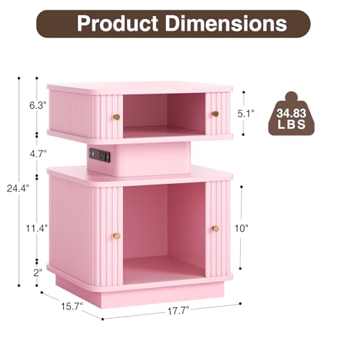 LED Light End Table with Charging Station, Pink Mid Century Bedside Table with USB Type A C Ports, Small Fluted Accent TV Control Nightstand with 2 Sliding Door for Living Room, Curvy Edge - color: Pink