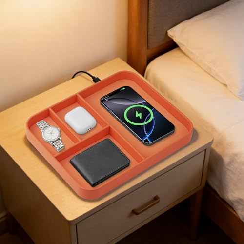 VOVIPO Faux Leather Valet Tray,with 2 in 1 Wireless Charging Compitable With iPhone/17/16/15/15 Plus/15 Pro/15 Pro Max/14/13/12/Wireless earphones,Office/Home Desk Organizers Tray-Orange - color: Orange