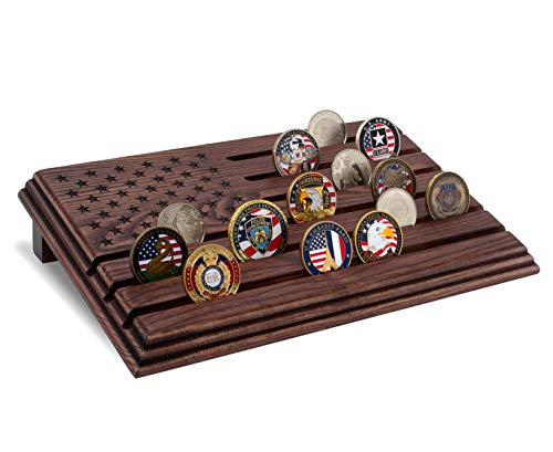 TESLYAR 6 Rows Military Challenge Coins Display Stand - Wooden Holder for 30-36 Coins - Solid Wood Display Rack for Desk - Army Collectible Challenge Coin Display Case - American Flag Design (Brown) - color: Brown