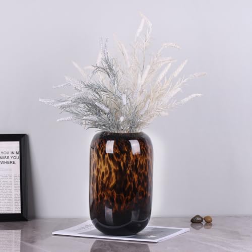 Amber Brown Glass Vase – Round Art Glass Vase with Tortoise Shell Pattern, Hand Blown Wide Mouth Decorative Centerpiece for Living Room, Dining Table or Entryway Home Decor - size: Large