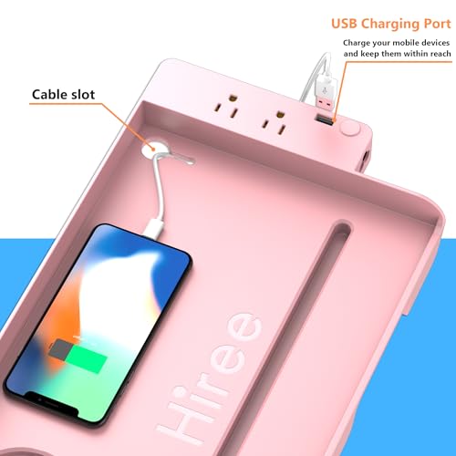 Hiree Bedside Shelf for Dorm Bunk Bed with USB Charging Port and 2 AC Outlets, Bed Side Table Tray Organizer, College Dorm Essential Clip On Bedside Tray, Loft Nightstand Decor, Plus Size, Pink - color: Pink