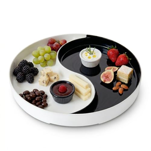 Chip and Dip Serving Tray – Yin Yang Divided Snack & Appetizer Platter with Built-In Dip Bowls, 14” Large Round Hosting Plate for Charcuterie, Fruit, Veggies & Party Snacks
