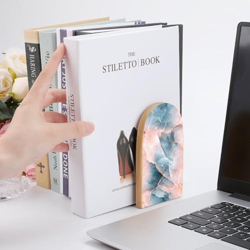 Minimalist Marble Texture Wooden Bookends Shelves 2 PCS Abstract Sturdy Book Holders Desktop Organizer for Home Office Libraries - color: Color-2