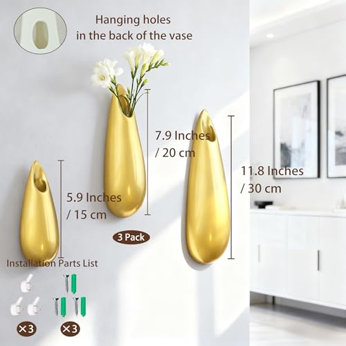 Sculptural Wall Ceramic Vase — 3 Pack Gold Hanging Sconce Vase | Turn Flowers into Art — Decorative Ceramic Wall Sconce for Single Stem Displays - size: 3pcs-Small&Medium&Large