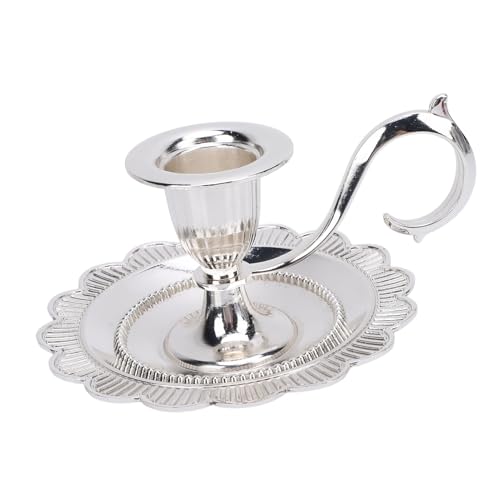 Retro Handheld Candlestick Holder, Vintage Zinc Alloy Candle Stand with Flat Base and Tapered Edges, for Romantic Dinners Home Decoration (Silver) - color: Silver