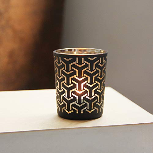 SHMILMH Black Gold Glass Votive Candle Holders Set of 12, Tealight Candle Holder with 4 Patterns for Ramadan Decorations, Eid Mubarak, Wedding Centerpiece, Modern Home Table Decor, Gift Set - color: B&g 4 Patterns